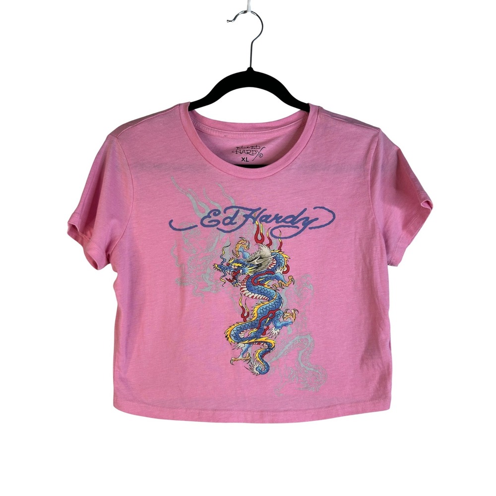 Ed‎ Hardy Women's Pink Dragon Graphic Tattoo Y2K 90's Grunge Crop Top Size XL